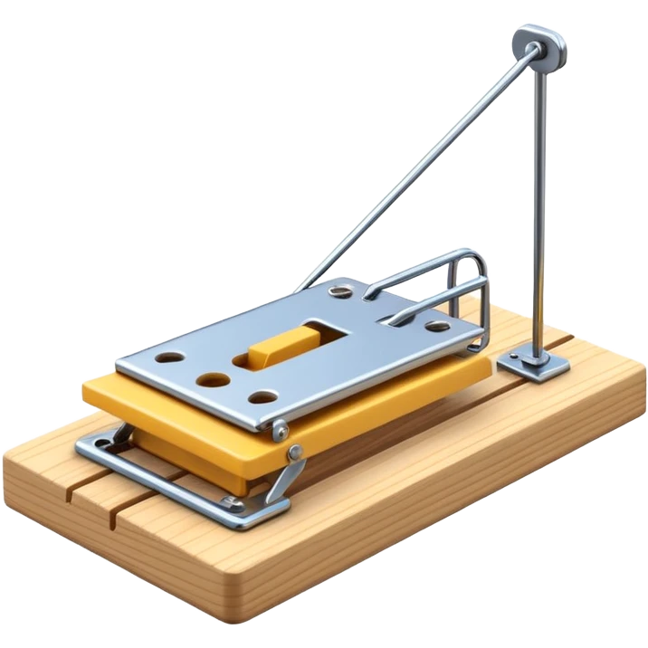 A 3D emoji in iOS emoji aesthetic style of a classic mousetrap without cheese, showing a wooden base and metal spring mechanism, clean minimal design, bright lighting, glossy Apple-style look, white background. emoji