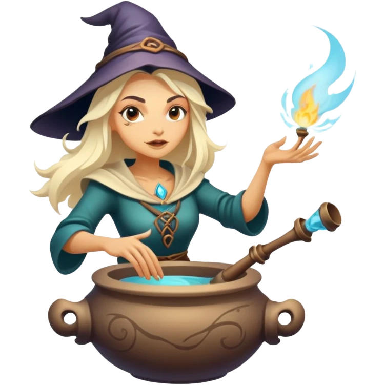 Baba Yaga sorceress woman flying in a mortar, magical aura emoji