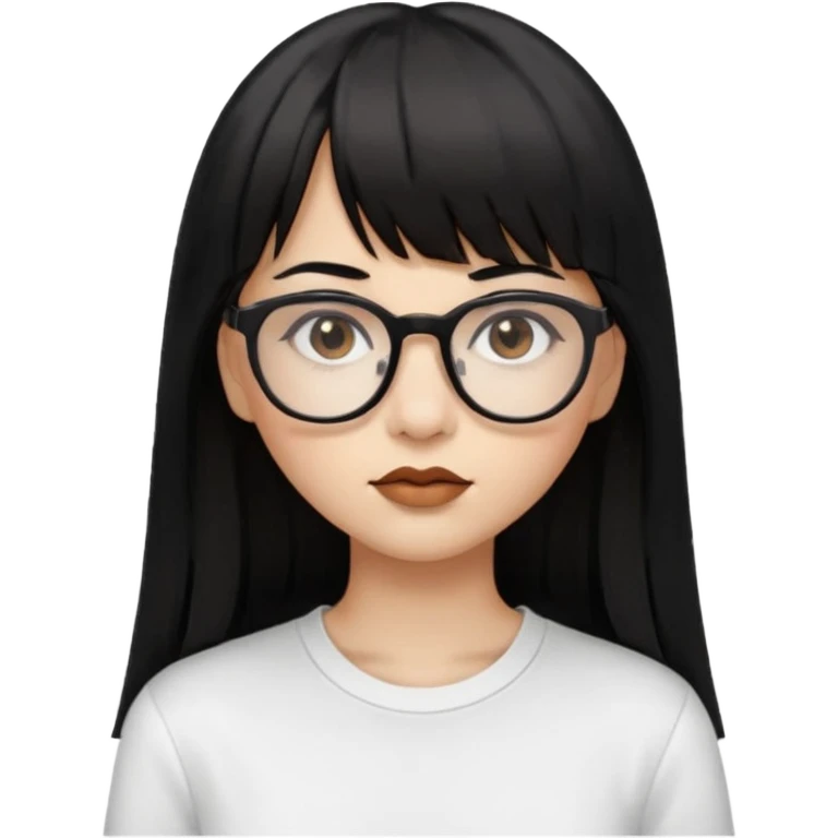 uma mulher snapchat icon, cor da pele normal, cabelo preto liso solto grande com franja, óculos pretos, com piercing na boca e nariz, olhos castanhos, camisa branca emoji