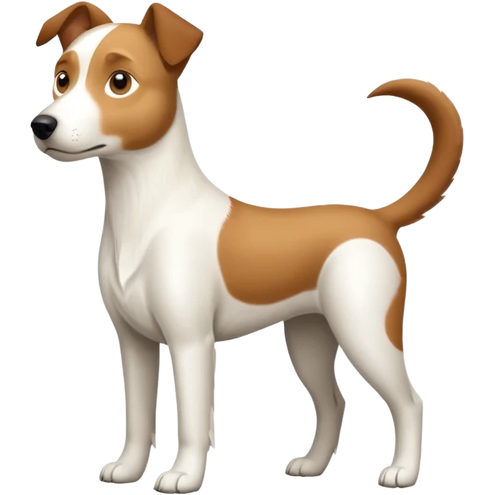 a full body large white parson russell looking dog the size of a kelpie with light brown ears and a light brown patch on one eye and a large snout emoji
