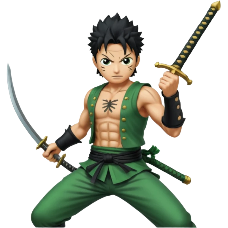 Has a zoro de one piece más epico en pocision de ataque y estilo anime  emoji