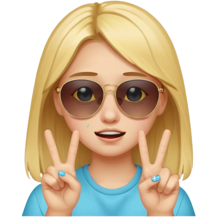 teenage girl with sunglasses crying but holding up peace sign emoji