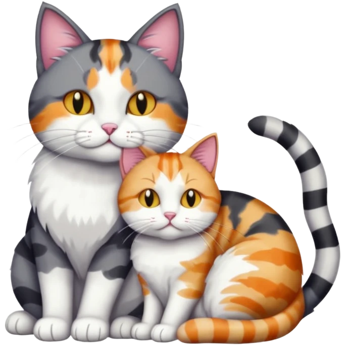 full body colourful light patched calico + white tabby cat cuddling a big dark grey and white tabby cat  emoji