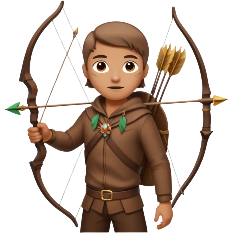 The classic hunter figure with a bow and arrow on his back, dressed in brown clothes and adorned with animal decorations emoji