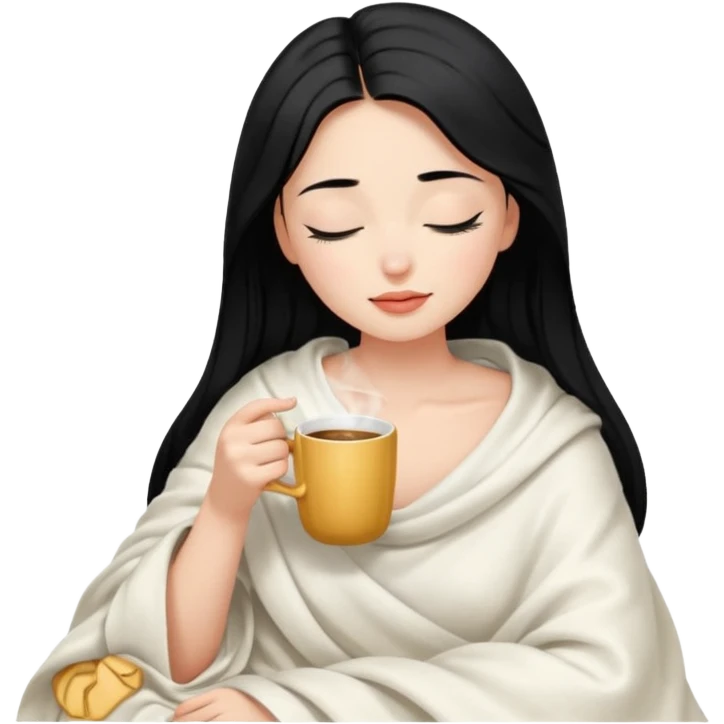 black hair girl long hair inside a white milky satin blanket sipping coffee eyes closed  emoji