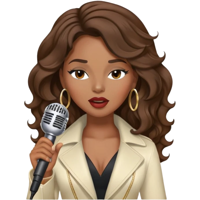 An emoji of a black female singer. She has long, wavy brown hair and holds a microphone while singing. Her expression is passionate, with eyes closed or looking confident. A glamorous and stylish look, resembling a pop star or diva emoji