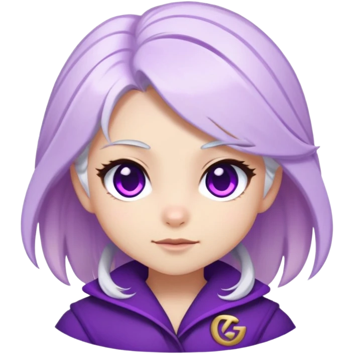 Chibi Sable Ward with playful wink, white hair with purple streaks, fully purple eyes, with small GG text appearing beside her emoji