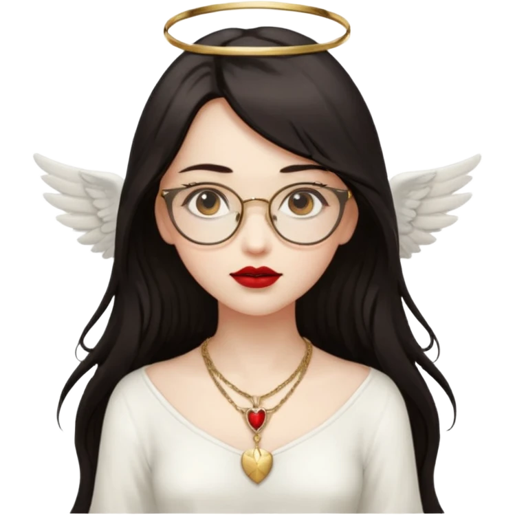 Angel girl with eyeglasses and long dark hair with red lipstick  and push gold necklaces and dark eyes with withe wings emoji