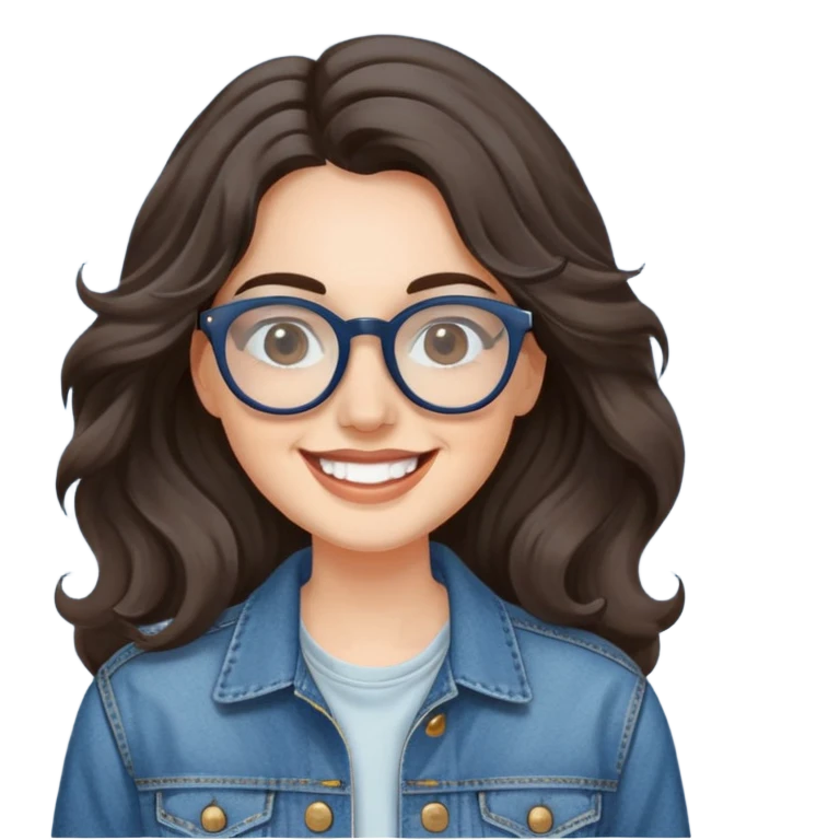 Mujer caucasian, cara redonda, gafas grandes rectangulares, cejas delgadas, pelo oscuro ondulado largo. Sonrisa amplia, expresión feliz. Chaqueta de mahón. emoji