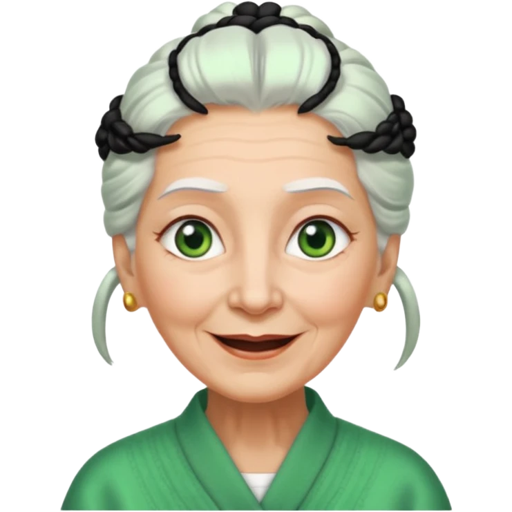 abuela con ojos verdes, pelo blanco, pelo blanco y amarrado, aspecto feliz emoji