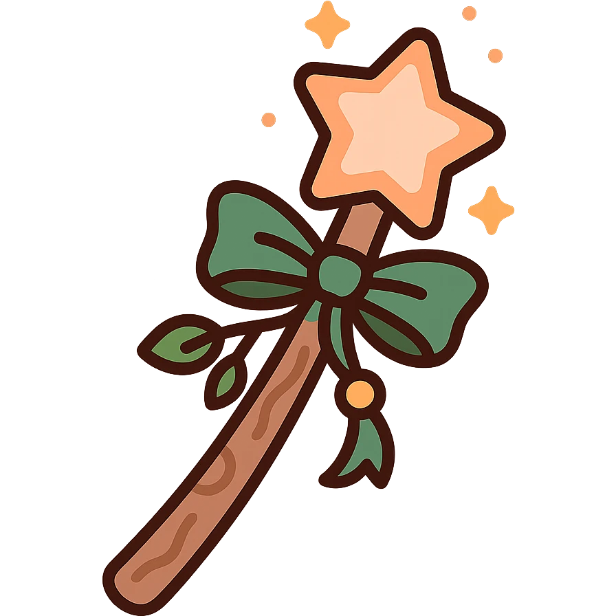 A cute and magical wand with an elegant, whimsical design, incorporating a color palette of golden orange (FA9B41), forest green (4A7C5C), soft taupe brown (96775A), and pastel peach (FFCC9A). The wand is slender and slightly curved, made of smooth wood with delicate carvings. At the top, there's a glowing gem or star in peachy tones, surrounded by tiny sparkles. Decorative elements like a ribbon, tiny leaves, or a small charm add a cozy, storybook-like charm. The overall look is gentle, enchanting, and magical, perfect for a forest fairy or a kindhearted young wizard. emoji