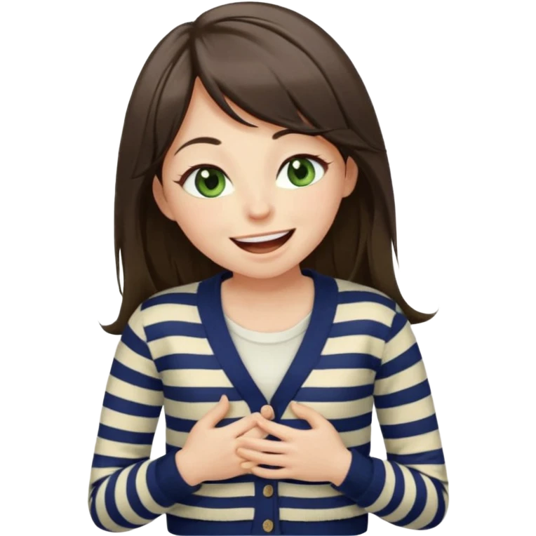 Gorgeous brunette girl green eyes, striped cream and navy blue cardigan and cream shirt, with swoop bangs and long hair having fun, laughing with mouth closed eyes closed, hand on stomach laughing emoji