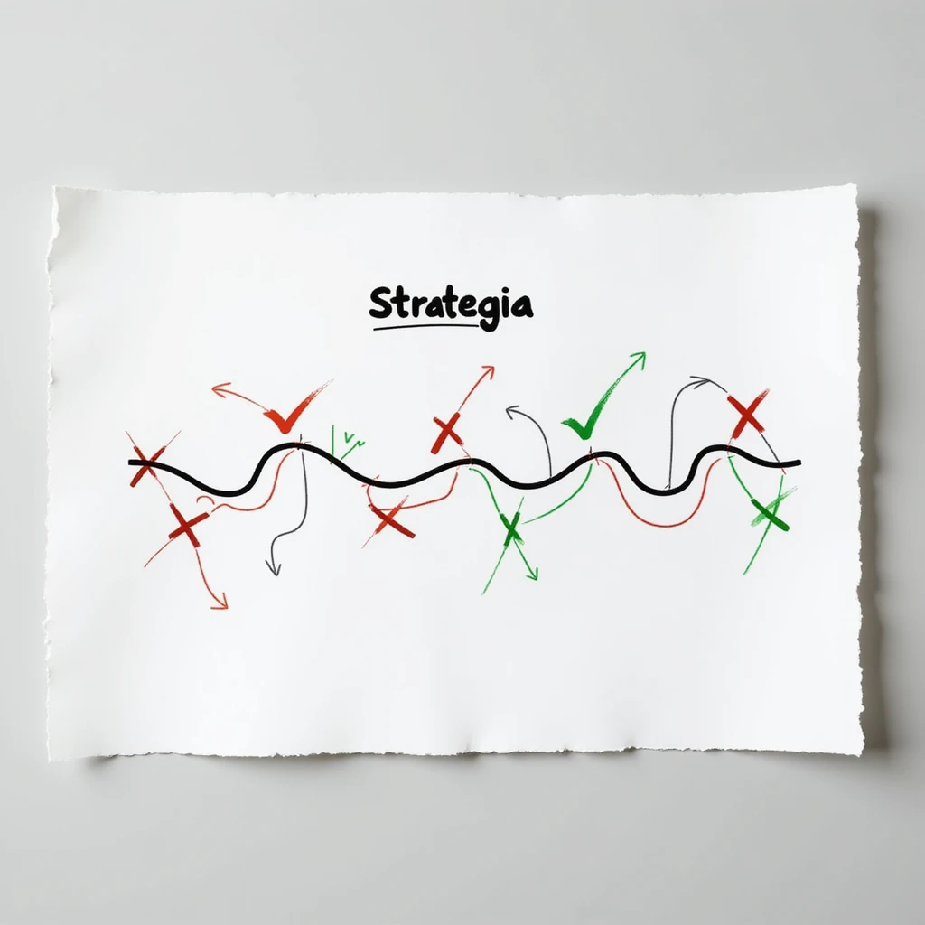 hyperrealistic 4K sheet of paper with the word 'strategia' and a wavy line connecting various points, some with red crosses and others with green check marks, like a path of stages, photorealistic style emoji