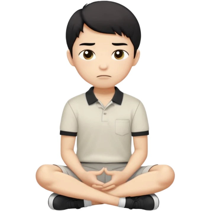 A cartoon young Asian boy with short black hair, light beige skin, and large expressive eyes, wearing a white polo shirt, gray pants, and black shoes. He sits cross-legged on the ground, one fist resting on his cheek, with a closed-mouth smirk. Clean lines, flat colors, solid black background. emoji