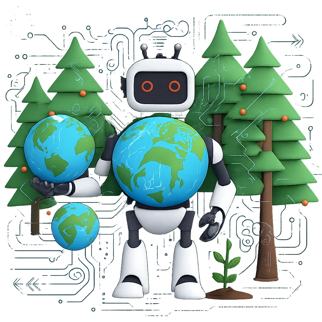 Add more machine learning elements such as neural network patterns, data flow, and algorithmic motifs, while maintaining the blend of natural resources and artificial intelligence. Remove the background to isolate the subject. emoji