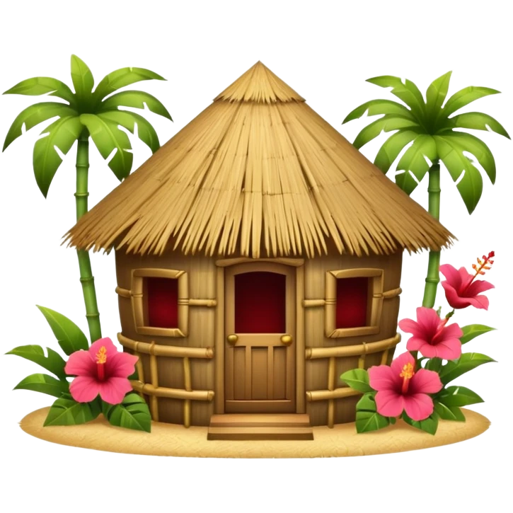Hawaiian tiki hut house, round tropical hut, bamboo details, thatched roof, tiki masks decoration, hibiscus flowers, cute mobile game icon, 3D cartoon, clean background, no text emoji