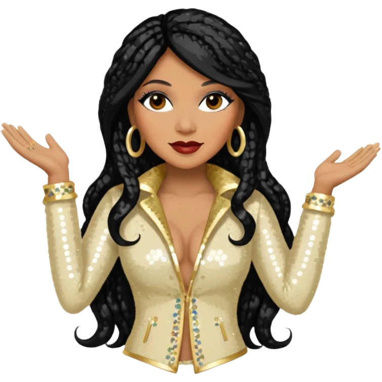 Trina Braxton with long jet black hair, cream sequin outfit emoji