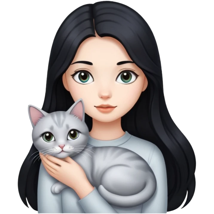 beautiful girl with long black hair holding a silver-colored cat emoji