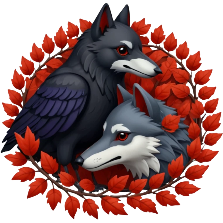 A raven and a wolf curled together with Weirwood leaves beneath them  emoji