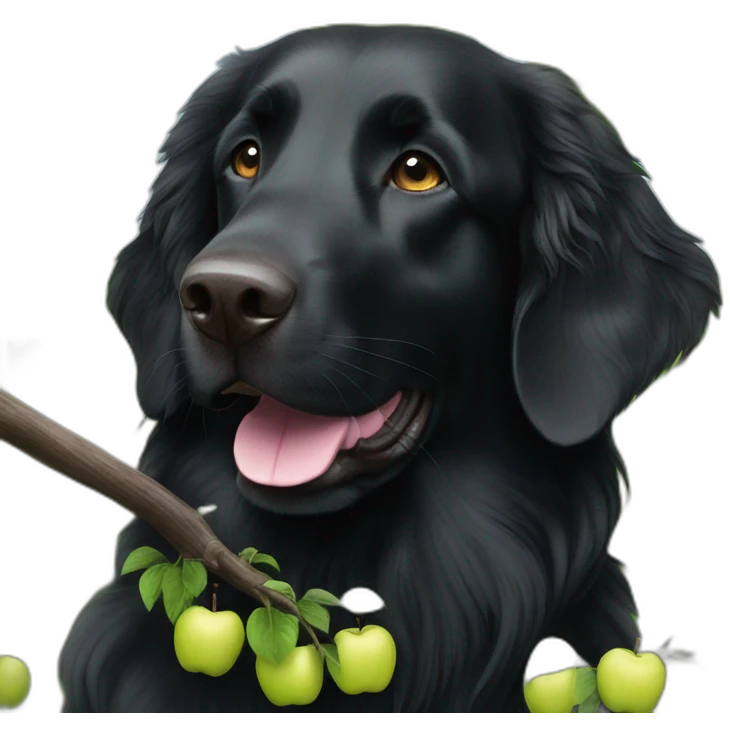 Black flat coated retriever in an apple tree emoji