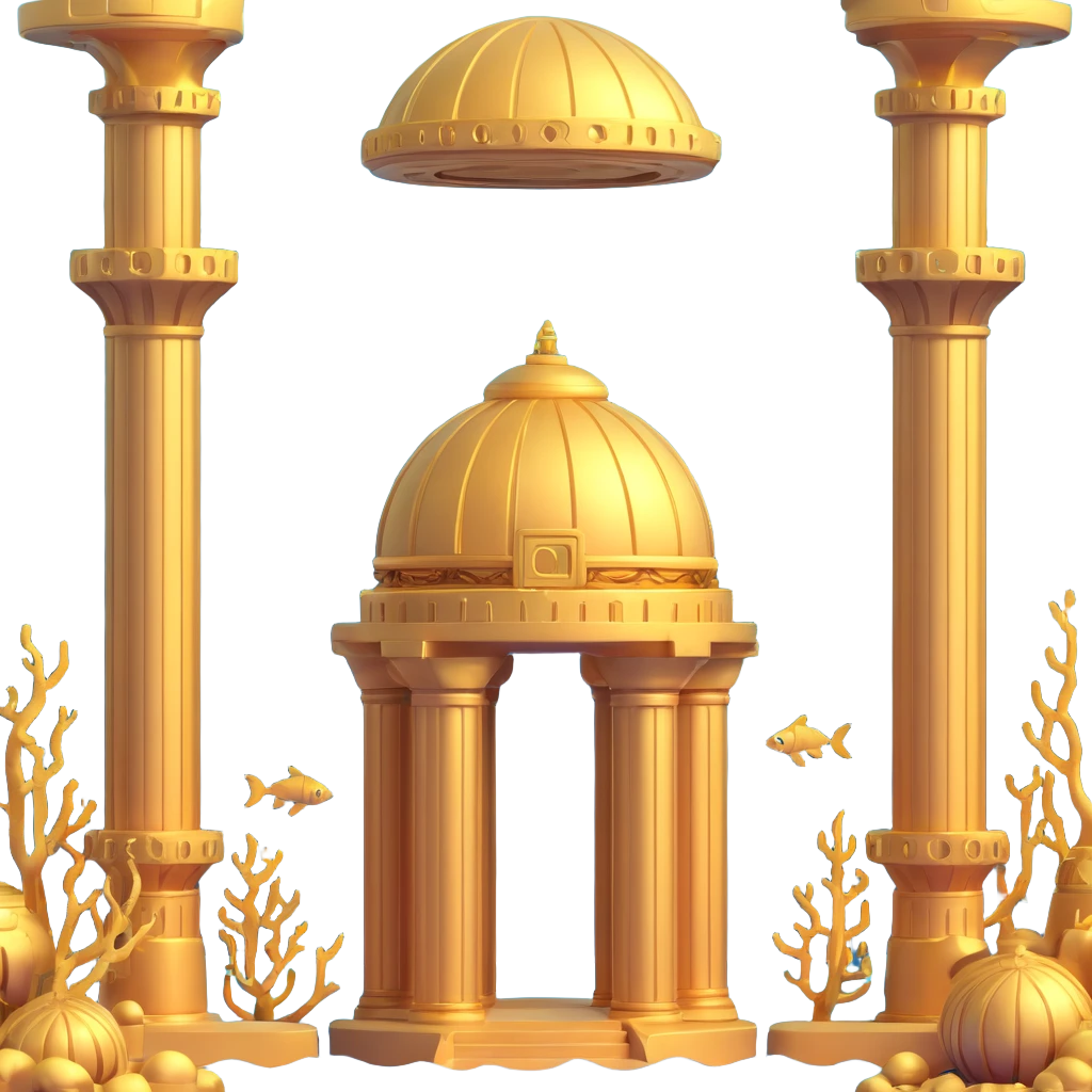 full view of a golden underwater base with Anunnaki motifs, domes, pillars emoji