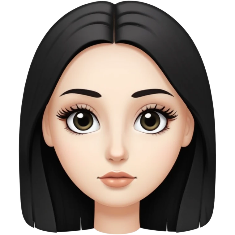 White girl with long oval face, huge round black eyes, big eyelashes, no makeup, natural lips, long straight black middle-parted hair emoji