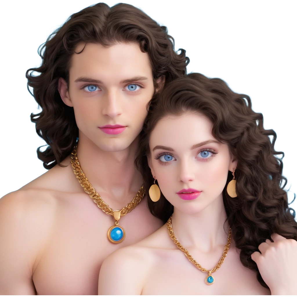 attractive couple in nightclub, colorful lights, woman with big blue-grey eyes, long lashes, pale skin, pink lips, long voluminous dark brown curls, gold hoop earrings, extremely revealing tiny top exposing skin next to handsome man with intense blue-grey eyes, chiseled features, pale skin, confident smirk, dark brown styled hair, gold chain, shirtless showing muscles, dancing close together emoji