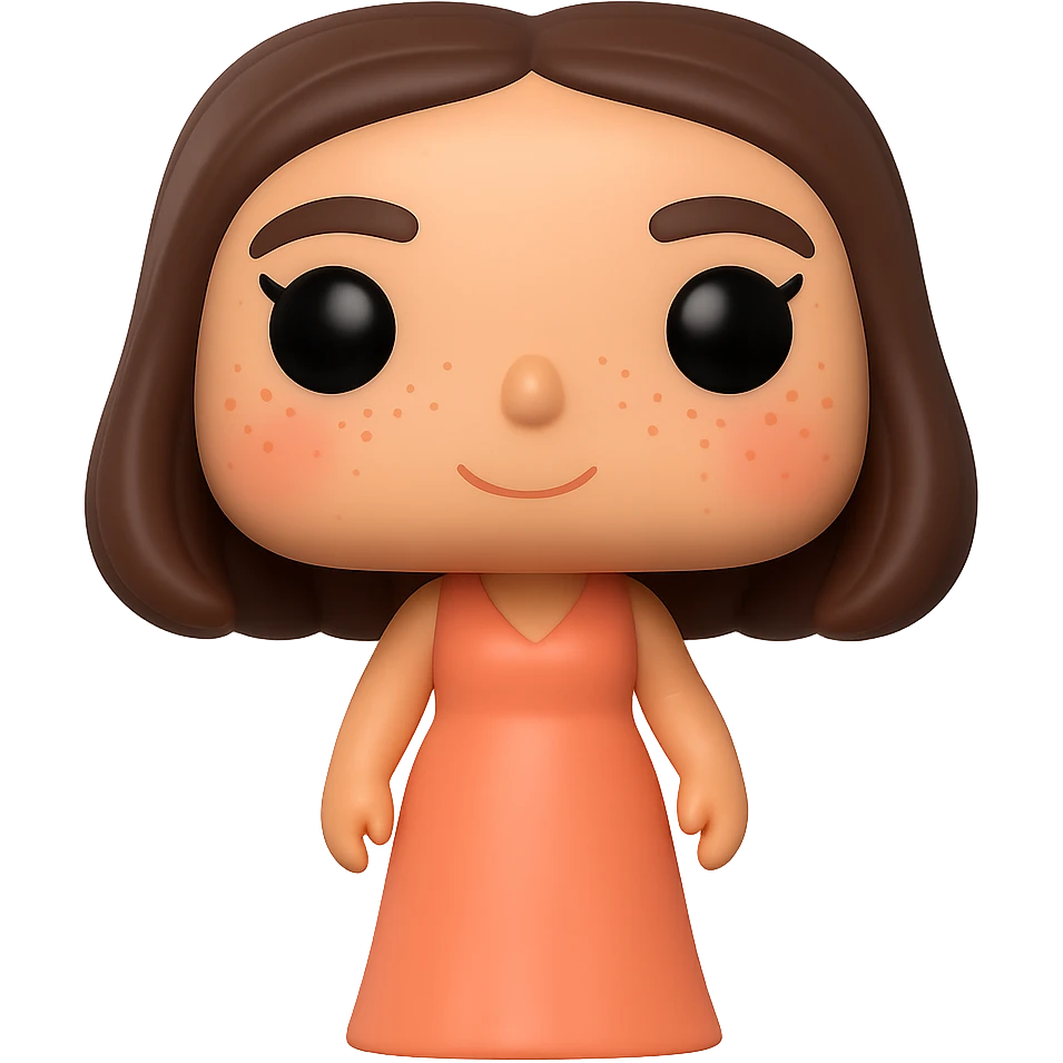 Create a Funko Pop style vinyl figure inspired by the reference image. The figure should have a long peach-colored dress, dark brown long bob haircut, rosy cheeks, light freckles, and a friendly expression. No hat or accessories. Transparent background. emoji