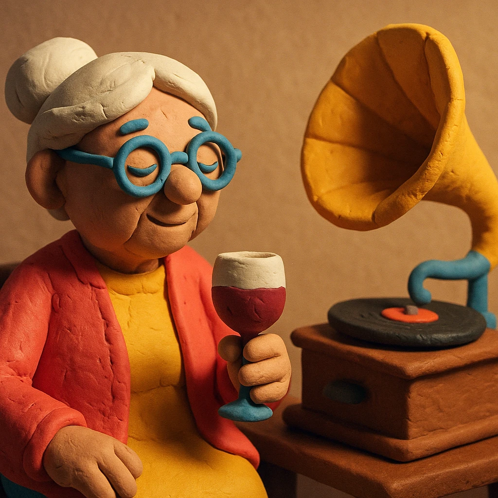 old lady with wineglass listening to gramophone emoji