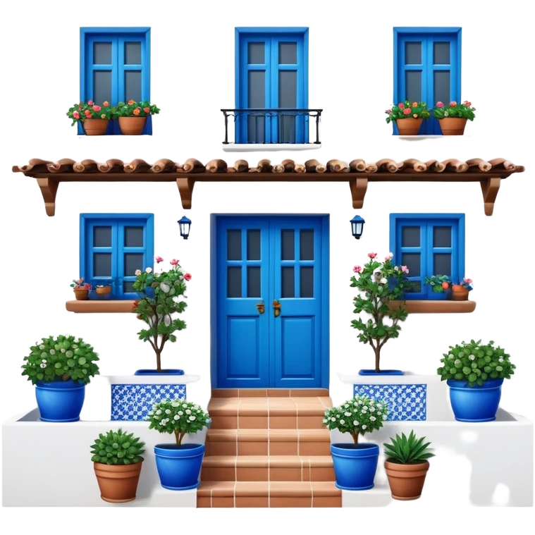 Andalusian-style Spanish house with white walls, blue accents, and flowerpots on windows emoji