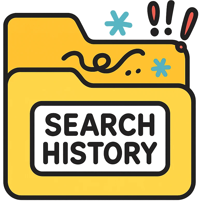 cartoon icon of a file folder labeled 'search history' with comical doodles and exclamation marks emoji
