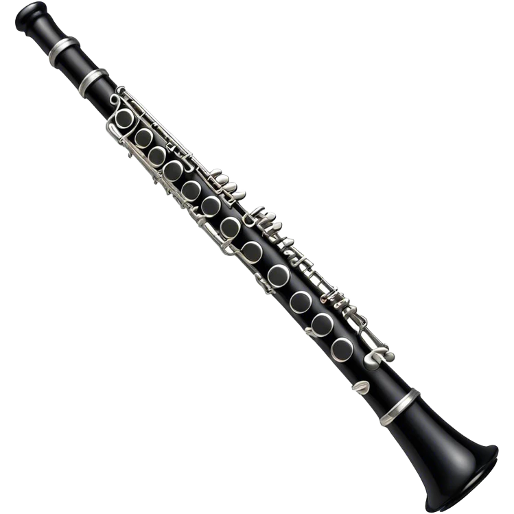 Create an emoji, representing a black standard clarinet. The design should feature a smooth, glossy black body of the clarinet with shiny, silver keys clearly visible. Highlight the intricate details of the mouthpiece and reed at the top, while the body of the instrument should remain simple and elegant. Add subtle musical notes or soundwaves floating around the instrument to symbolize its clear, melodic sound. Use black for the body, silver for the keys, and soft lighting effects to give the instrument a polished, sophisticated look. The background should be transparent. emoji