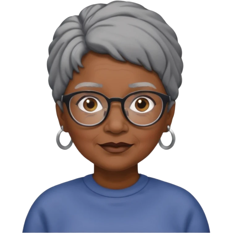 emoji of a black grandma women with black and gray hair in a low ponytail with glasses and brown eyebrows emoji
