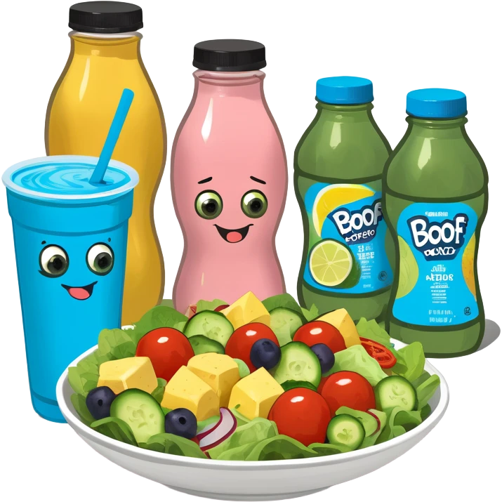 Meal prep pastel flatlay for travel: salads in clear container beside an electrolyte drink with pink cap emoji