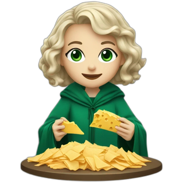 Slytherin girl with short wavy ash blonde bob hair and blue eyes eating chips and cheese wearing a wizard robe emoji