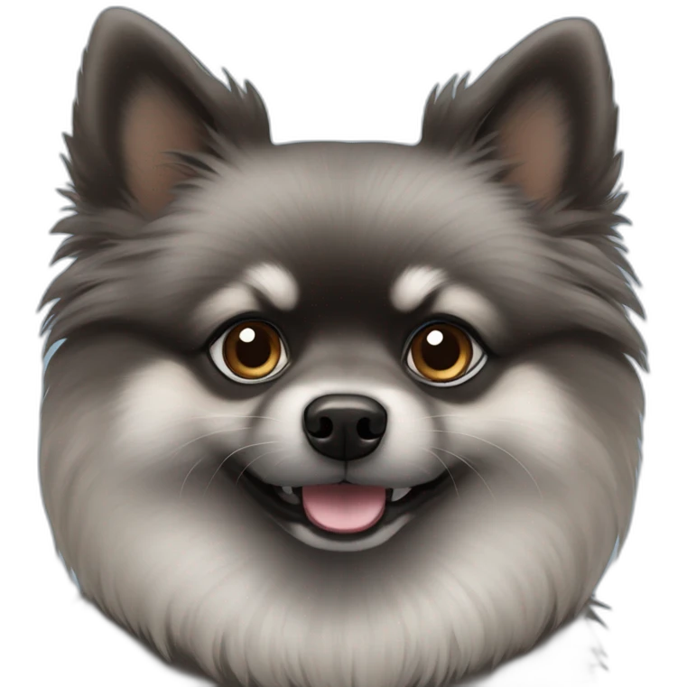 Black and gray Pomeranian with blue and brown eye emoji