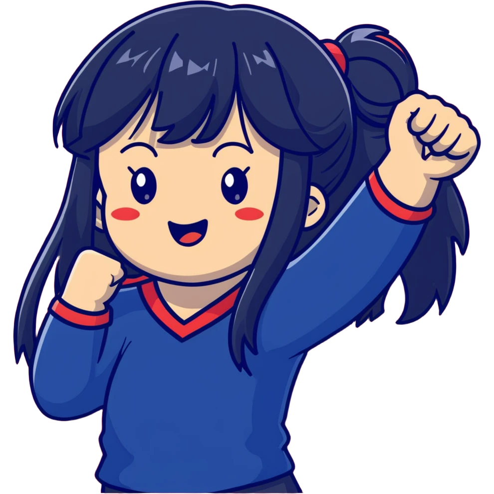 East Asian woman with long black straight hair and bangs wearing navy and white Doosan Bears team colors, cheering emoji