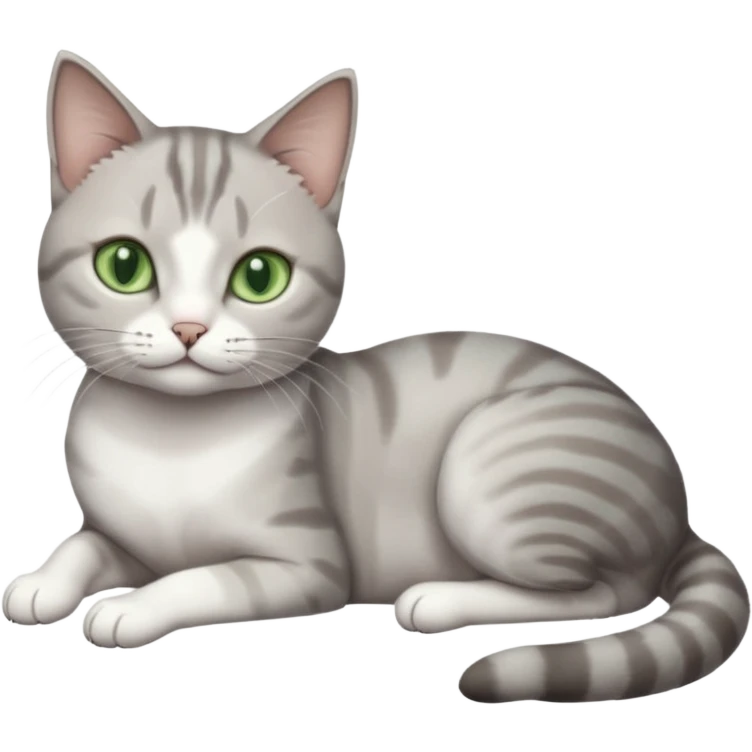 full body tiny short hair grey and white cat with white front legs and green  eyes lying down emoji