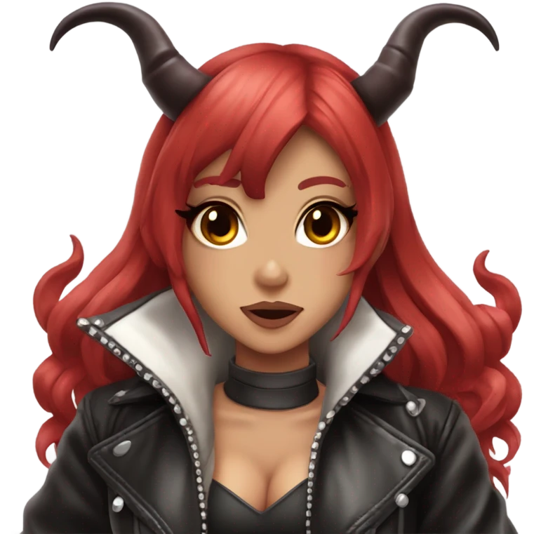 demon hime gyaru girl, red hair, devil horns, leather coat emoji
