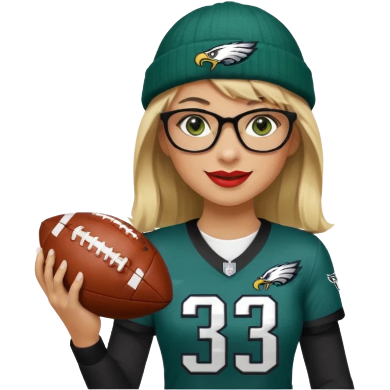full length women wearing eagles uniform, long blonde hair, styled bangs, green eyes, black glasses, holding football, number 33, smiling, lipstick, eagles beanie emoji