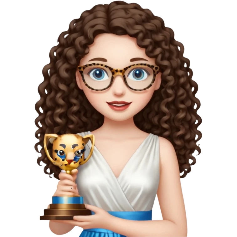 A girl with white pale skin, full lips, brunette LONG curly hair. She is wearing a white  silk dress. She is holding an award and happy. She has a leopard print round-ish shaped glasses. She has blue eyes. emoji