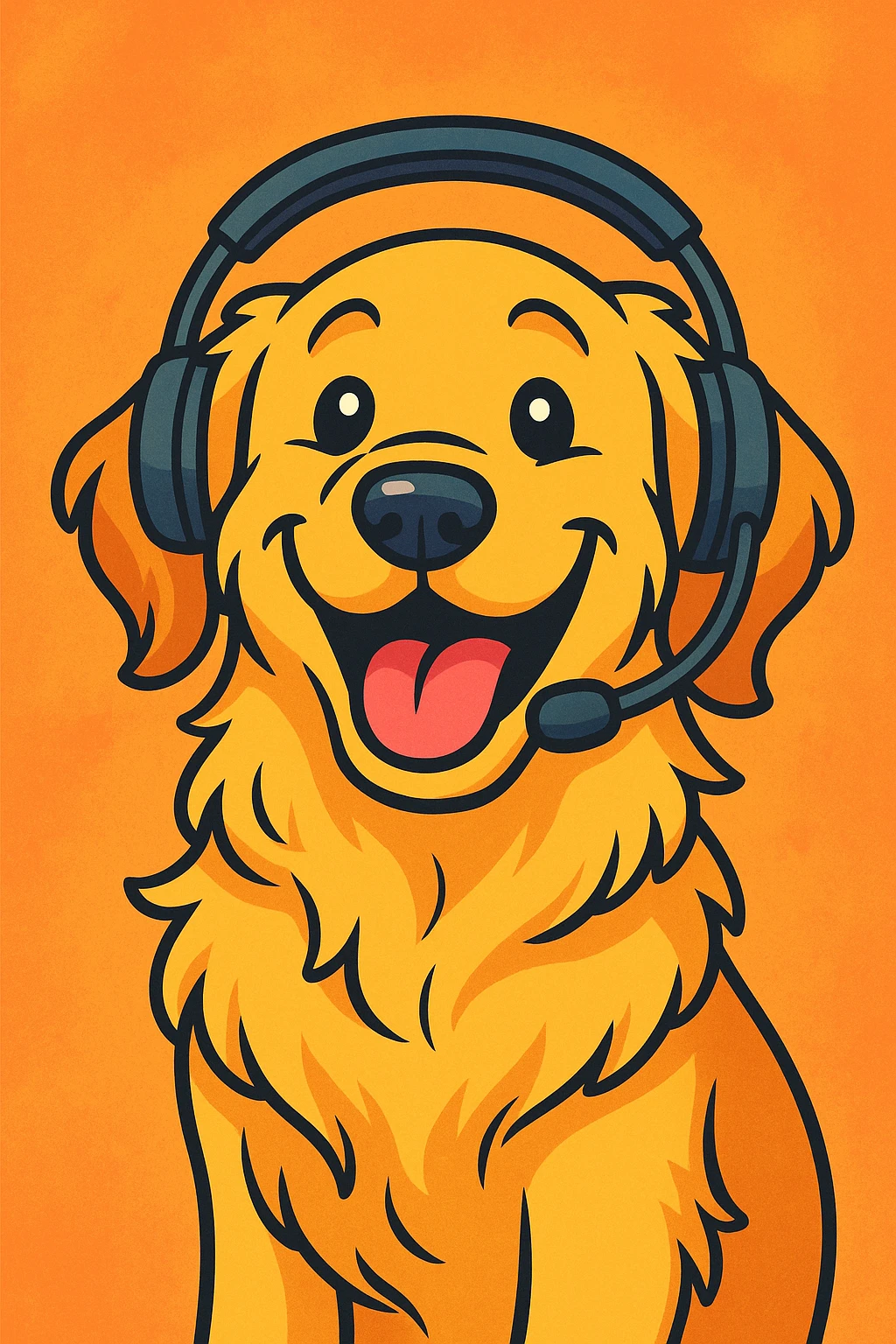 golden retriever with a headset, smiling, cartoon style, cheerful, colorful emoji