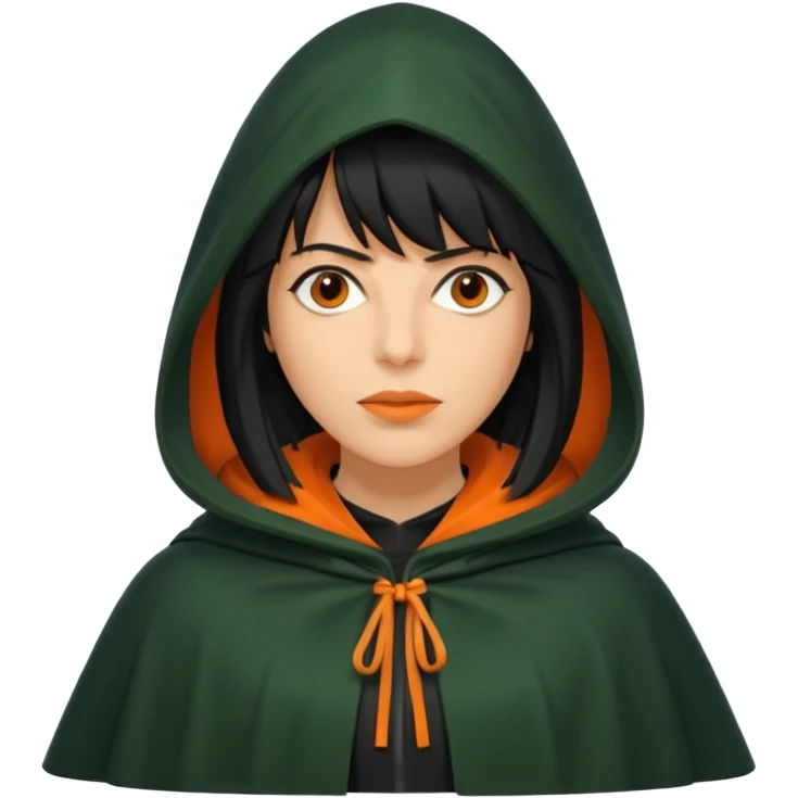 traitor tv show, person wearing dark green cloak with hood up who looks like claudia winkleman orange skin tone and thick black fringe emoji