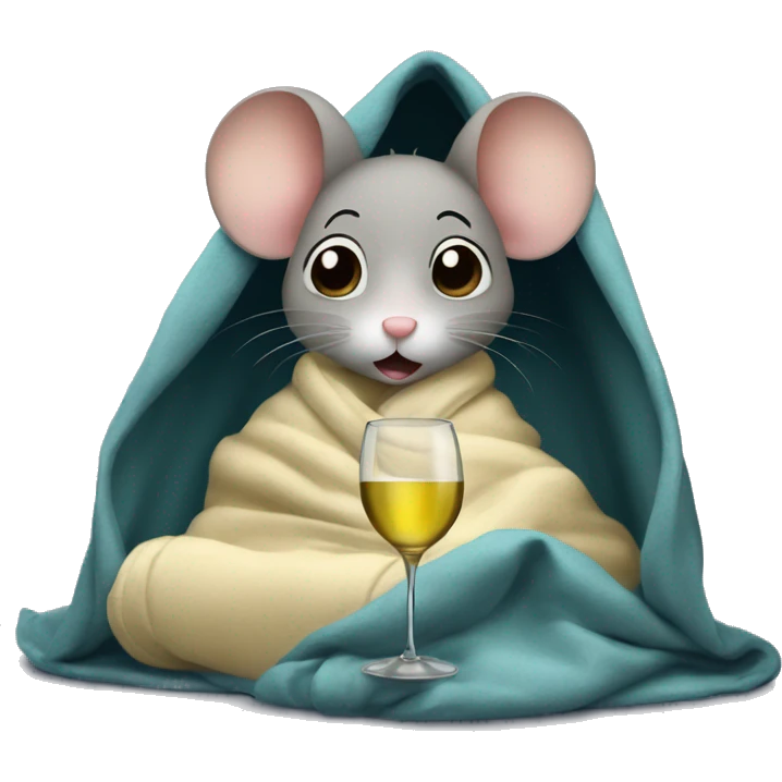 A cute girl mouse watching netflix underneath a blanket with a glass of white wine emoji
