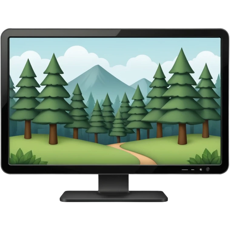 Minimalistic flat vector icon, iOS style, thin black contour on white background. Computer monitor with a simple forest scene on the screen (trees, minimal landscape). Clean, no text, no shadows emoji