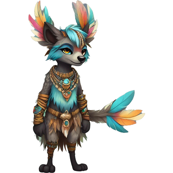 cute cool edgy fantasy animal fursona creature by griffsnuff & LiLaiRa & Falvie with exotic colors with intricate patterns and feathers and headdress and necklace full body emoji