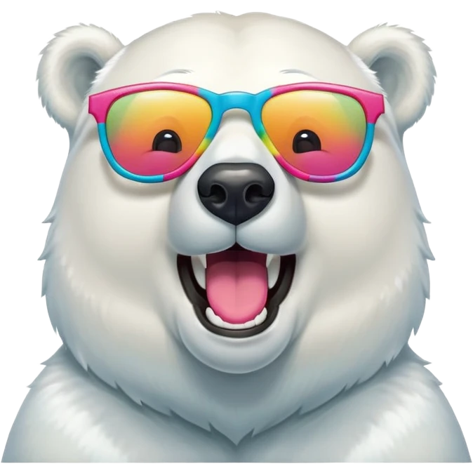 laughing polar bear headshot wearing a t-shirt and oversized colorful glasses emoji