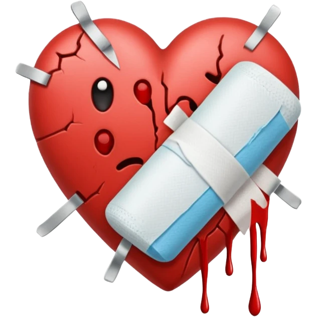Un corazón roto con grietas  sangrando y expulsando sangre rodeado de vendas y tiritas que se despegan sin hacer efecto emoji