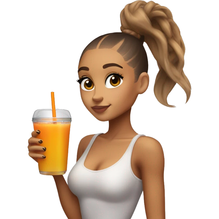 Ariana Grande wearing spray tan and holding a cookie and a glass of orange juice, she is wearing a high ponytail and staring directly emoji