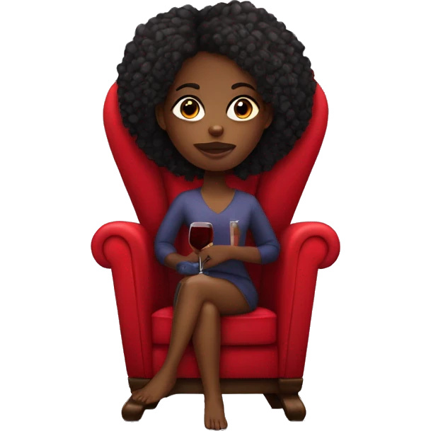 black girl sitting cross-legged on big red throne chair with one glass of wine in her hand emoji